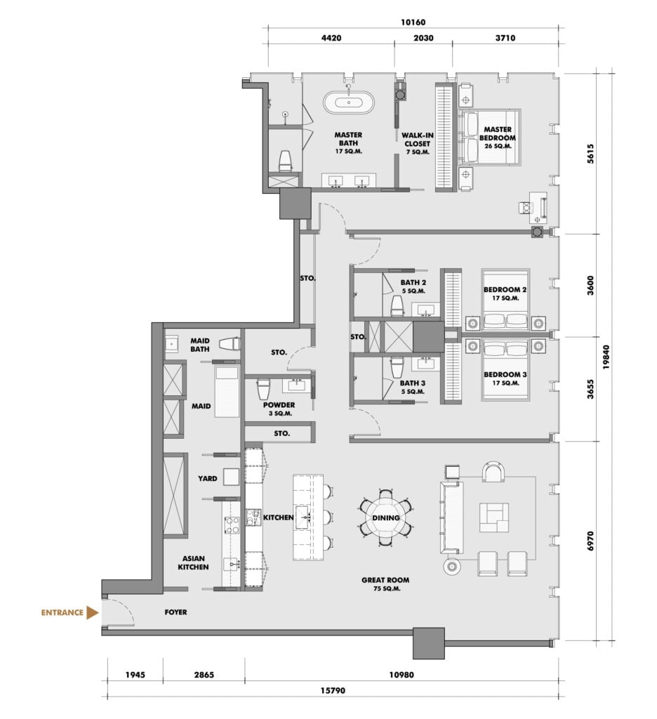 The Ritz-Carlton Residences at King Power Mahanakorn 3 BD Type 52N3F