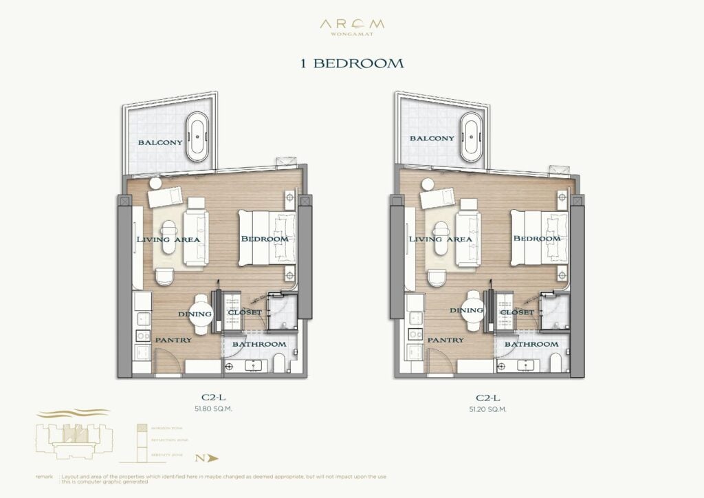 Arom Wongamat 1 Bedroom 51.20 sqm. - 51.80 sqm.