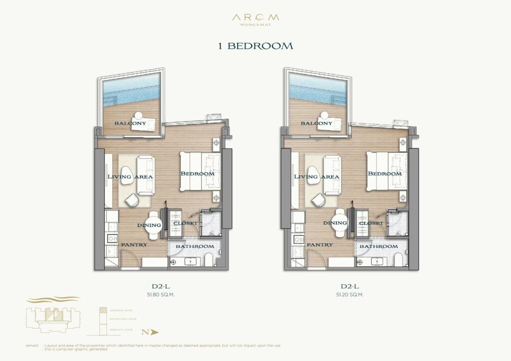 Arom Wongamat 1 Bedroom with pool 51.20 sqm. - 51.80 sqm.