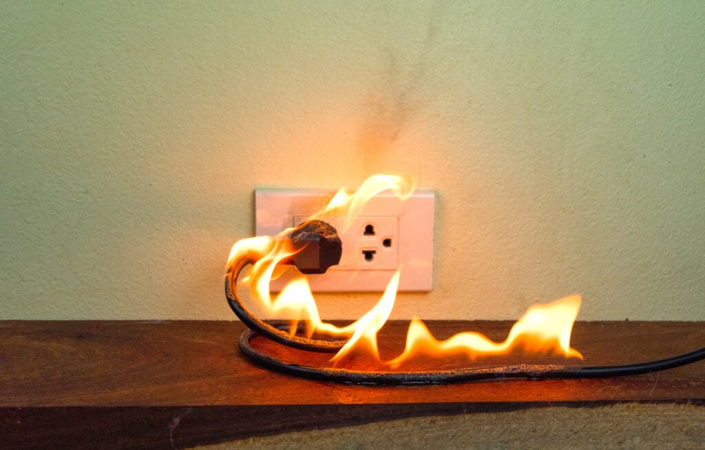 on-fire-electric-wire-plug-receptacle-wall-partiti