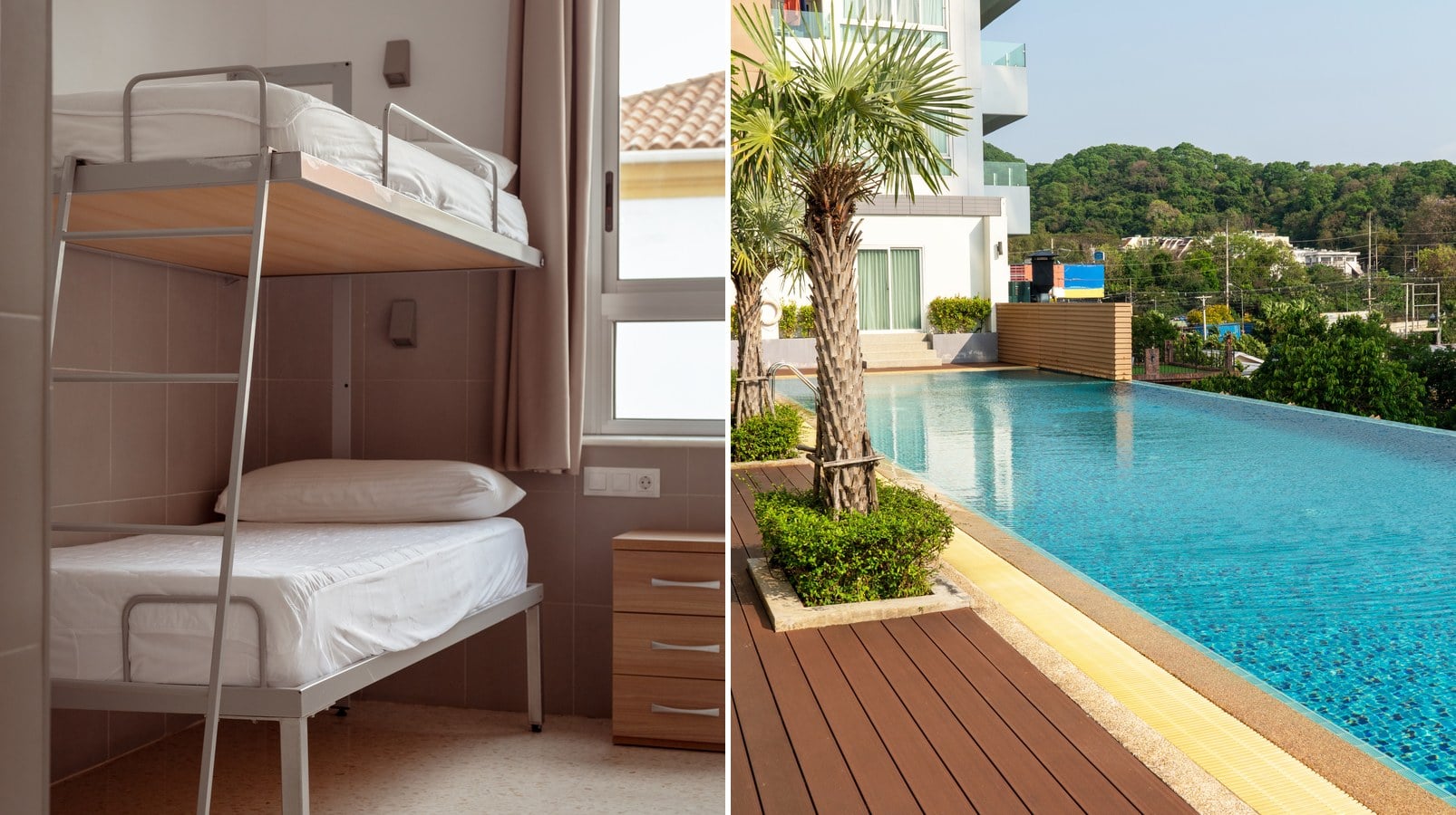 Split image comparing a compact dormitory bunk room on the left with a condo unit's private pool and shared facilities on the right
